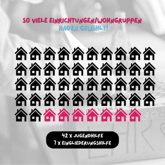 Zu sehen sind 49 Häuser-Icons, die für die 49 EInrichtungen stehen, die gewählt haben. Davon sind sieben pink eingefärbt. Diese Häuser stehen für die sieben Einrichtungen der Eingliederungshilfe, die teilgenommen haben. 