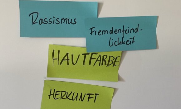 Zu sehen ist ein Whiteboard mit Moderationskarten. Hier der Überbegriff Rassismus/Fremdenfeindlichkeit unter dem alle Vorurteile bzgl. Hautfarbe, Herkunft und Nationalität fallen.