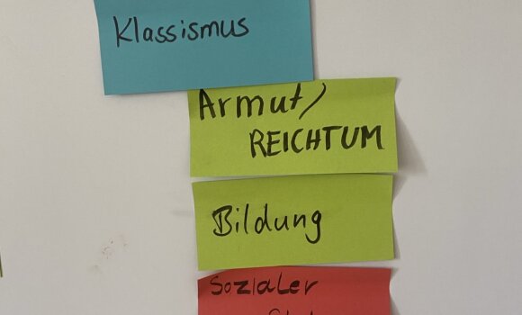 Zu sehen ist ein Whiteboard mit Moderationskarten. Hier der Überbegriff Klassimus unter dem alle Vorurteile bzgl. Armut, Bildung, sozialer Status und Reichtum fallen.