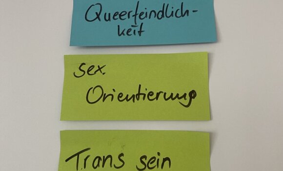 Zu sehen ist ein Whiteboard mit Moderationskarten. Hier der Überbegriff Queerfeindlichkeit unter dem alle Vorurteile bzgl. sexueller Orientierung und z. B. Transfeindlichkeit fallen.