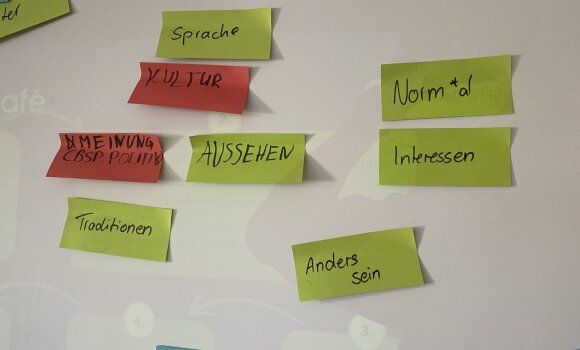 Zu sehen ist ein Whiteboard mit Moderationskarten. Auf den Moderationskarten stehen typische Merkmale, auf denen Vorurteile/Stigma bassiert sind. Zum Beispiel das Aussehen, Interessen oder einfach das "anders sein".