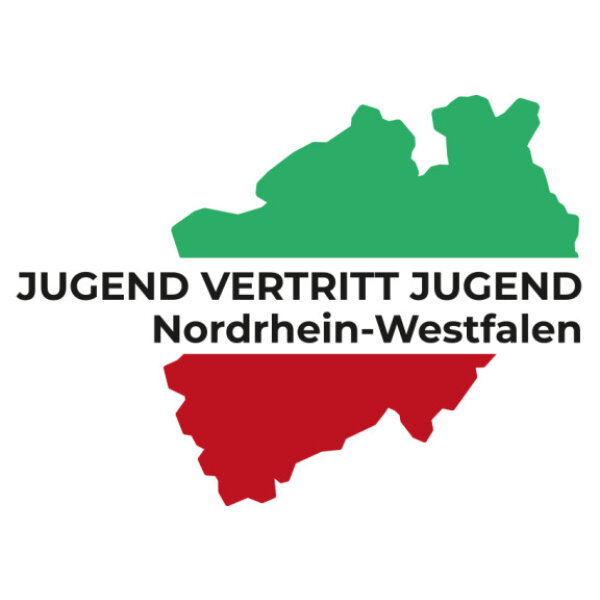 Logo der Interessensvertretung Jugend vertritt Jugend Nordrhein-Westfalen. Zu sehen ist die Landkarte von Nordrhein-Westfalen mit dem Schriftzug der Interessensvertretung in der Mitte. 