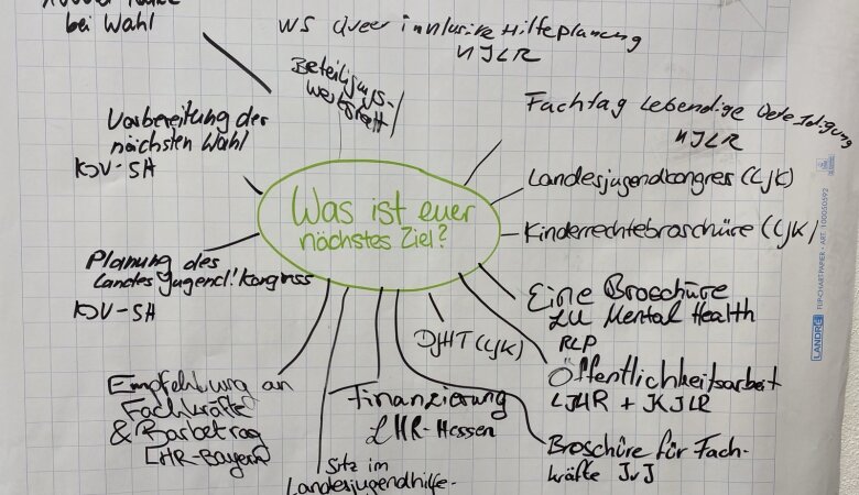 Zu sehen ist ein Flipchartpapier mit der Frage "Was ist euer nächstes Ziel?". Drumherum wurden stichpunktartig die Antworten der einzelnen Interessensvertretungen notiert.