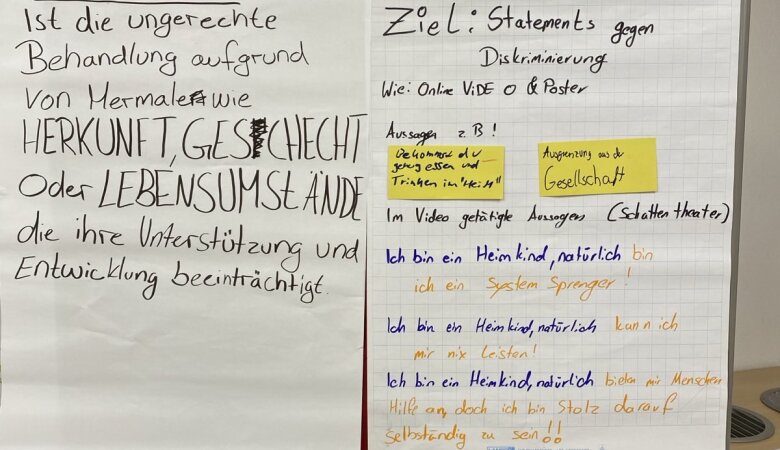 Zu sehen ist eine Stellwand mit Flipchartpapier, auf dem die Ergebnisse des Workshops notiert wurden. 